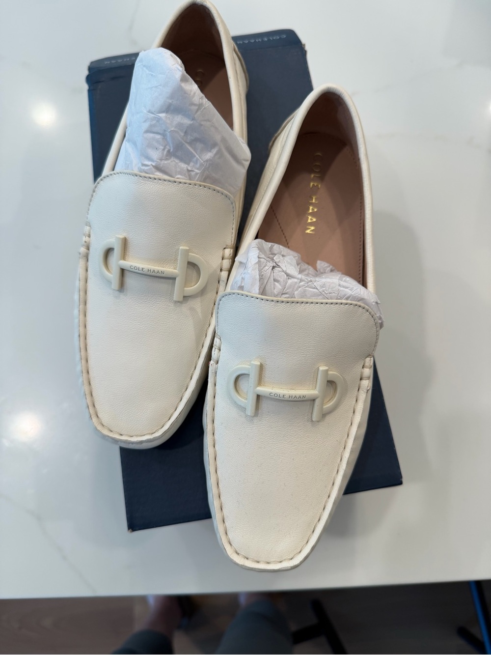 New in box. Cole Haan Tully Driver Egret Ivory Leather Loafers Size 7